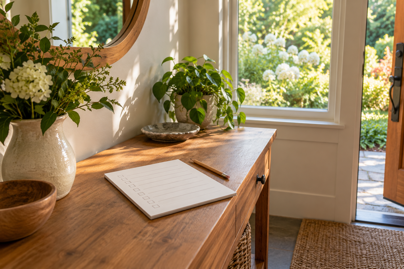 Blank checklist and pencil on a sunlit entryway console for planning an offline routine.