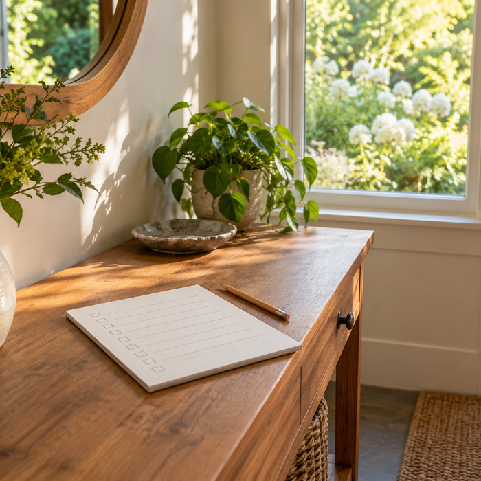 Blank checklist and pencil on a sunlit entryway console for planning an offline routine.