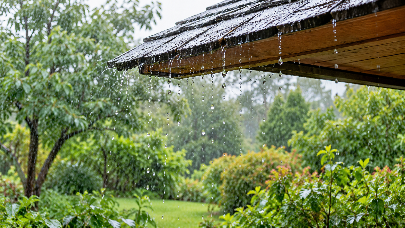 Illustrative rainfall running from a residential roof edge; no tank or rainwater collection equipment shown