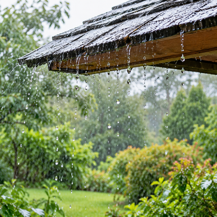 Illustrative rainfall running from a residential roof edge; no tank or rainwater collection equipment shown