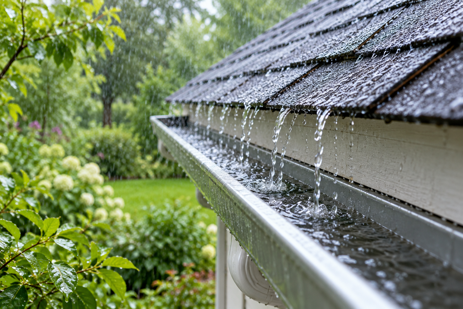 Rain running from a house roof into a gutter beside a green garden.
