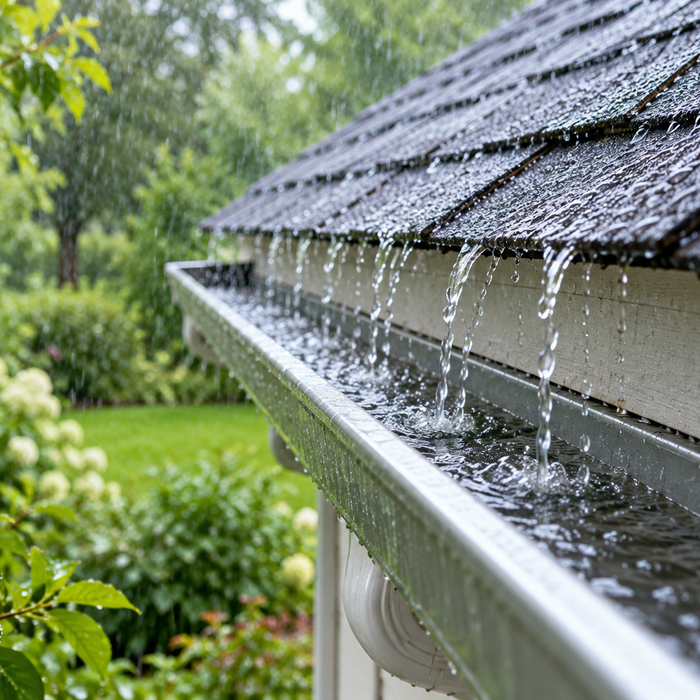 Rain running from a house roof into a gutter beside a green garden.
