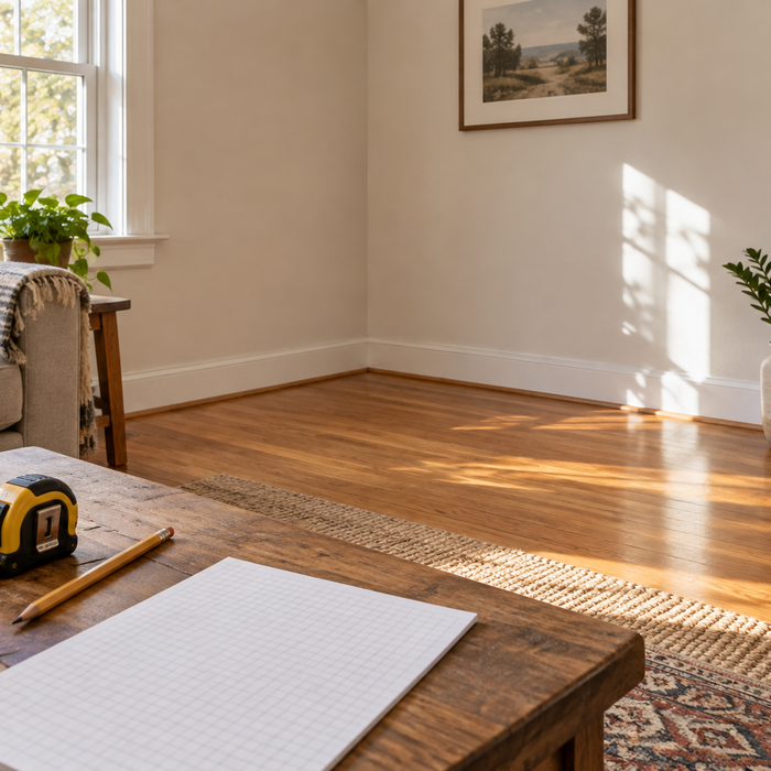 Tape measure, pencil, and planning paper beside an empty living room corner.