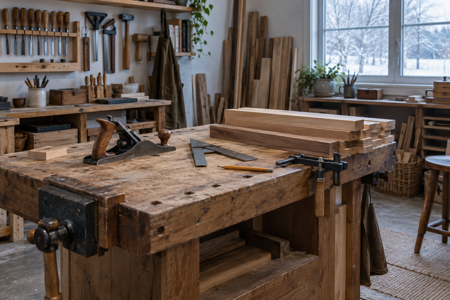 Hand tools and lumber on a tidy workshop bench with winter trees beyond a closed window