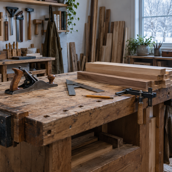 Hand tools and lumber on a tidy workshop bench with winter trees beyond a closed window
