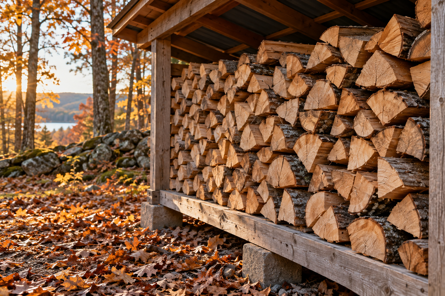 Split firewood stacked with air spaces beneath a covered outdoor woodshed.