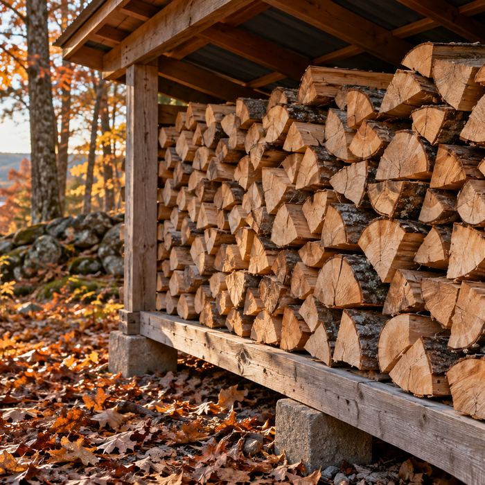 Split firewood stacked with air spaces beneath a covered outdoor woodshed.