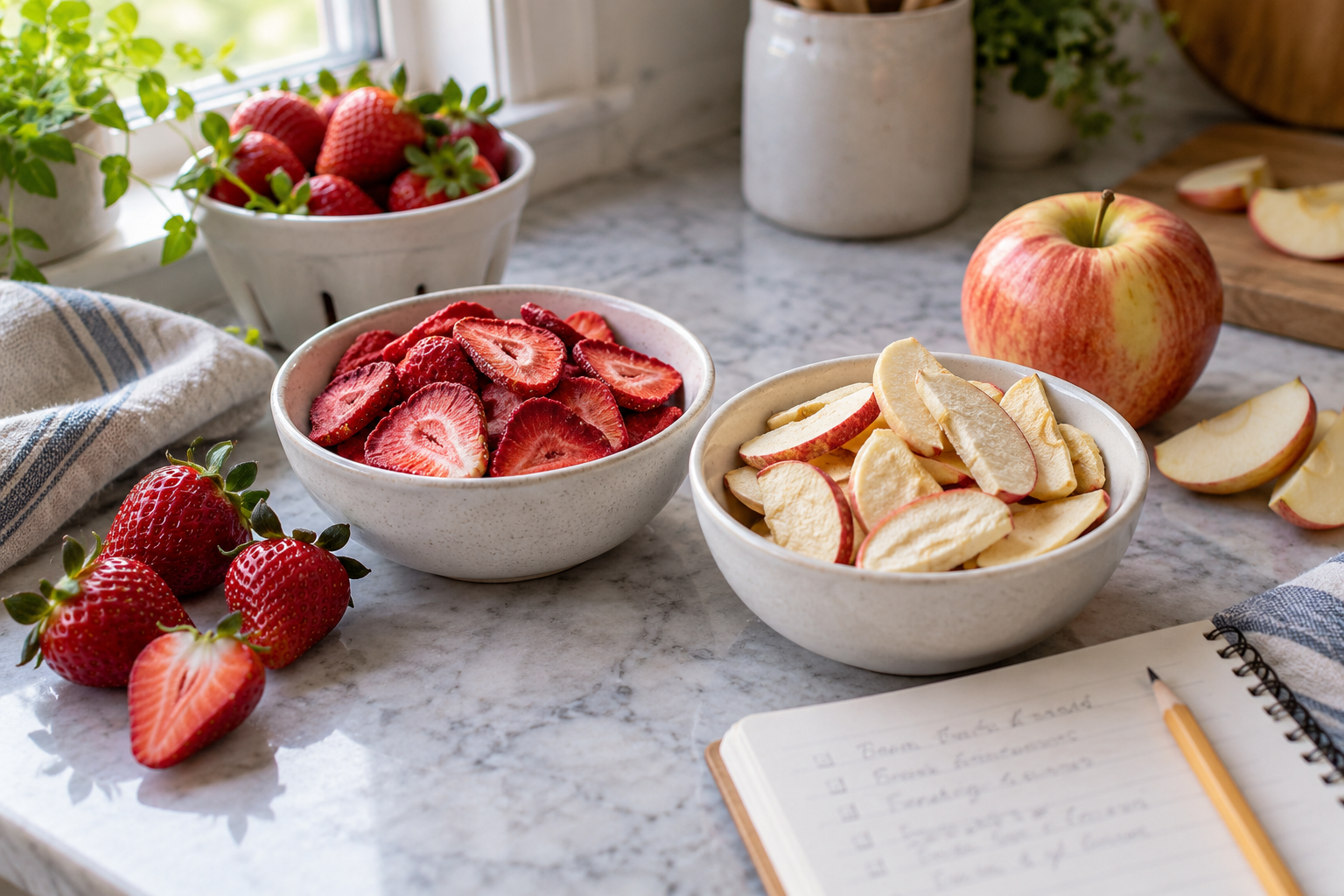 Bowls of dried strawberry and apple slices beside fresh fruit and a comparison notebook