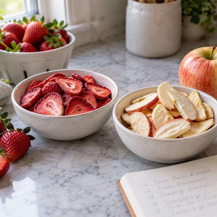 Bowls of dried strawberry and apple slices beside fresh fruit and a comparison notebook