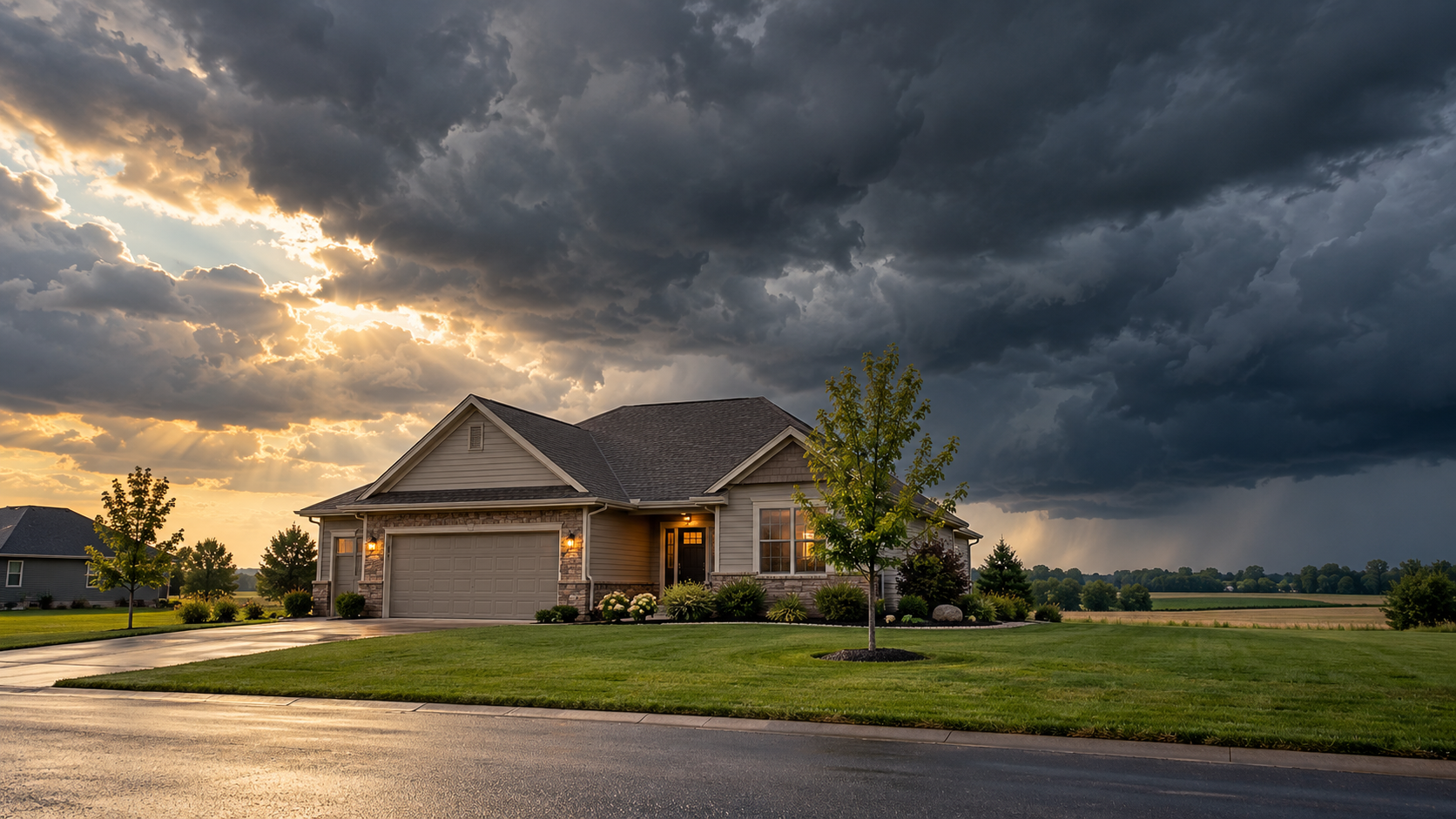 Illustrative family home beneath approaching storm clouds; no storm shelter product shown