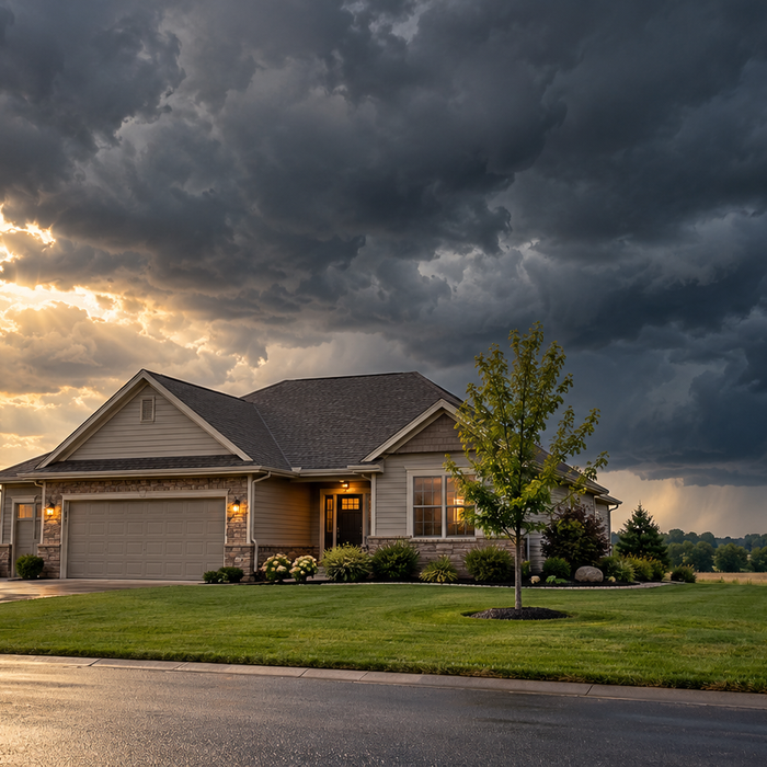 Illustrative family home beneath approaching storm clouds; no storm shelter product shown