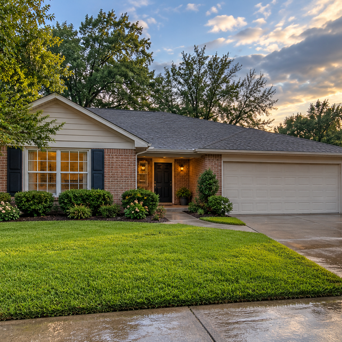 A well-maintained single-story home after rain, used as context for shelter and resale planning; no shelter shown.