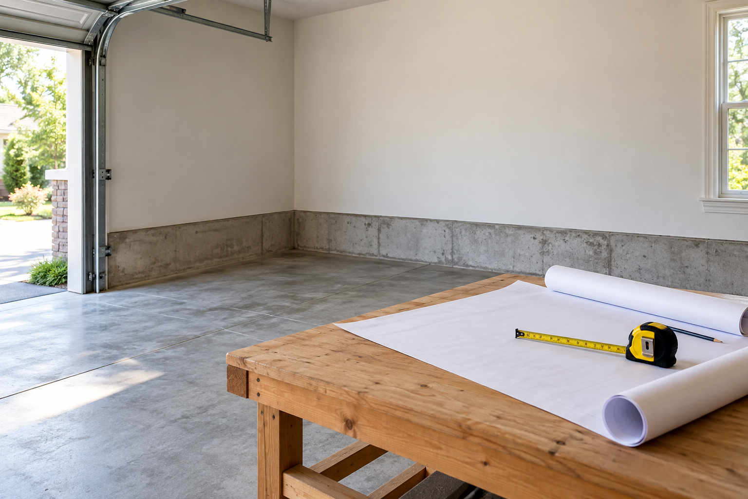 Empty residential garage corner with concrete floor and a workbench holding blank plans; no storm shelter pictured.