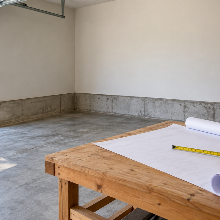 Empty residential garage corner with concrete floor and a workbench holding blank plans; no storm shelter pictured.