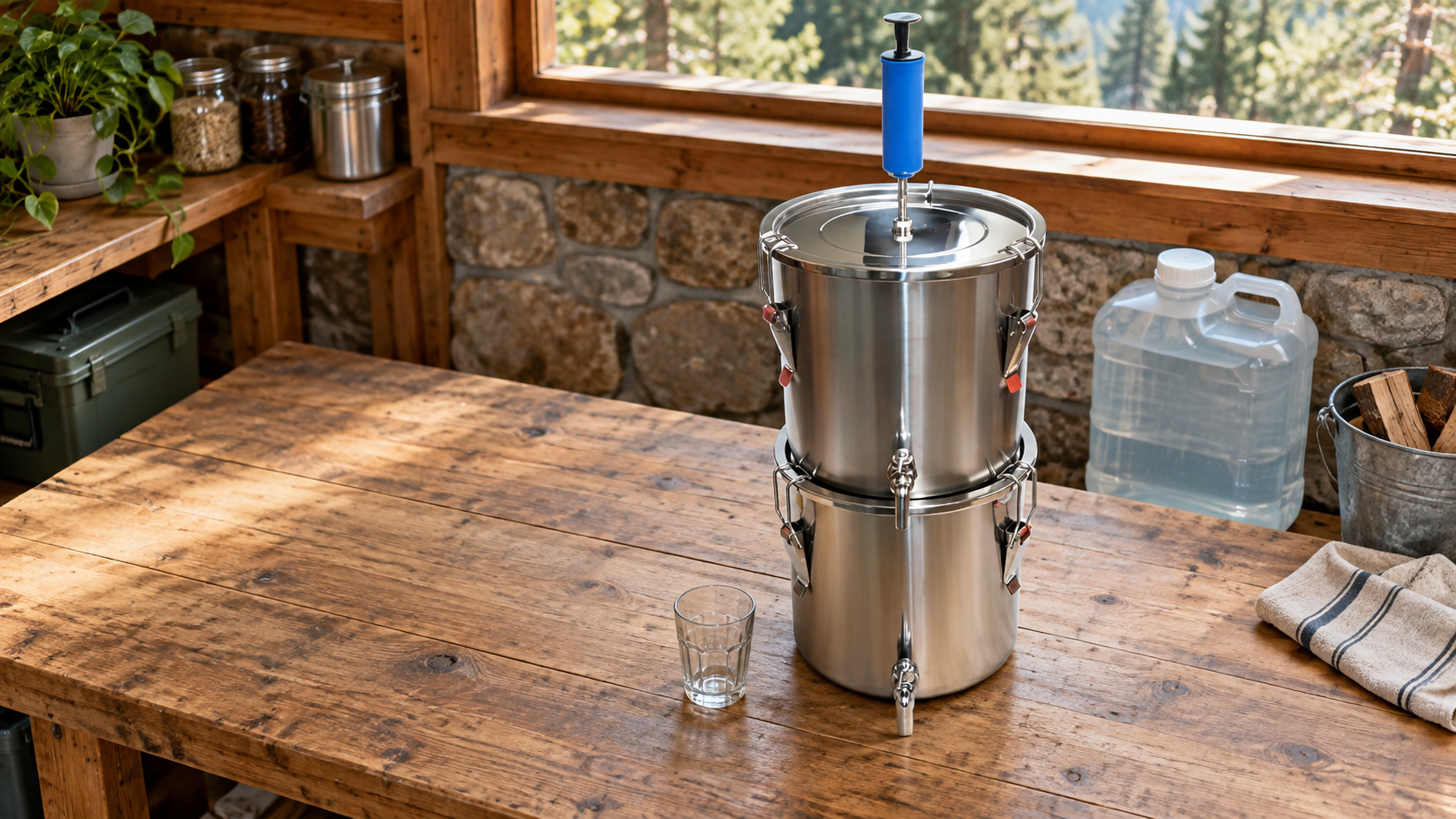 Large Gravi-Stil water distiller shown from a matching elevated angle in an off-grid water-preparation setting