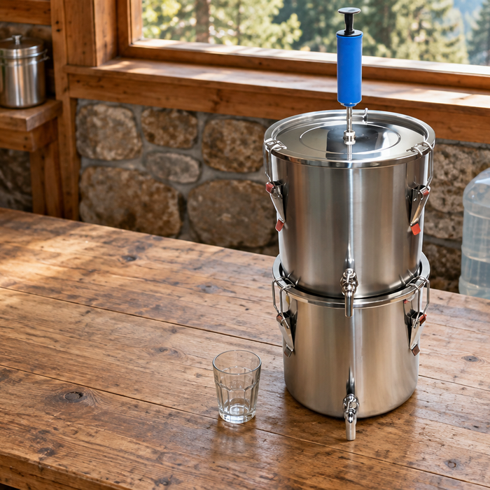 Large Gravi-Stil water distiller shown from a matching elevated angle in an off-grid water-preparation setting