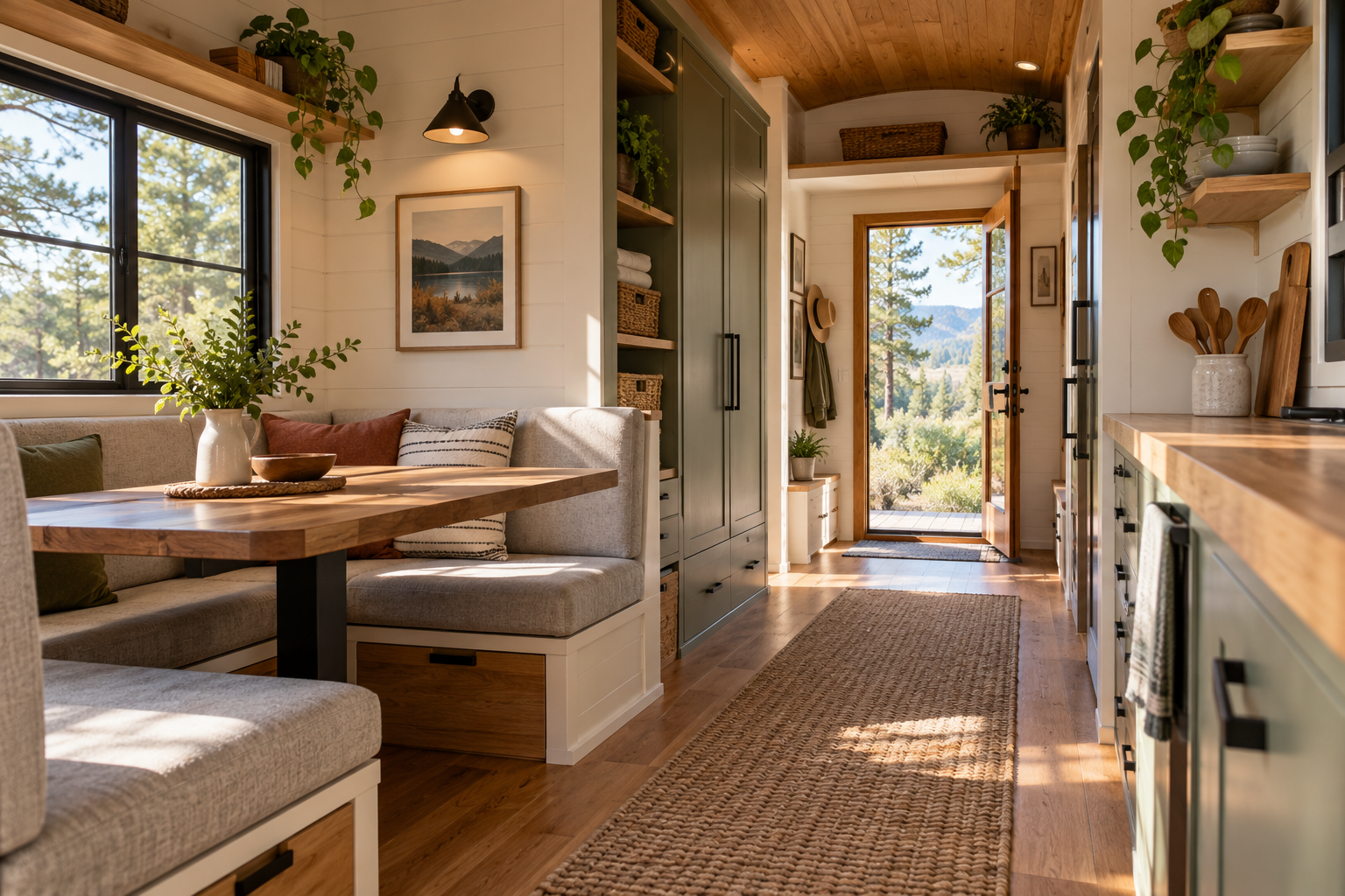Organized tiny-home interior with built-in storage, dining nook and clear route to the exterior door.