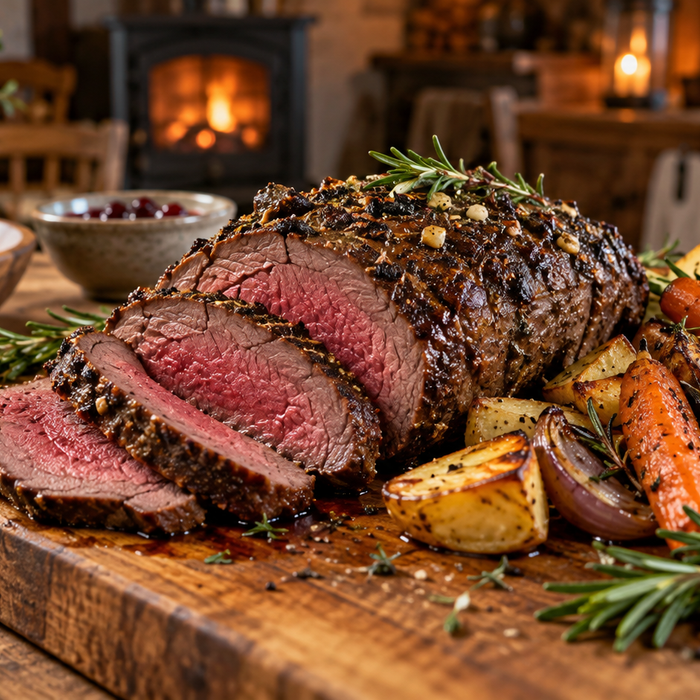 Sliced venison roast with roasted vegetables on a serving board