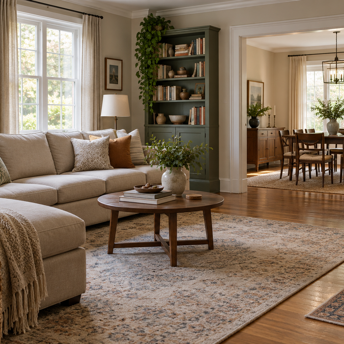 Connected living and dining rooms showing the layout of a bright furnished home