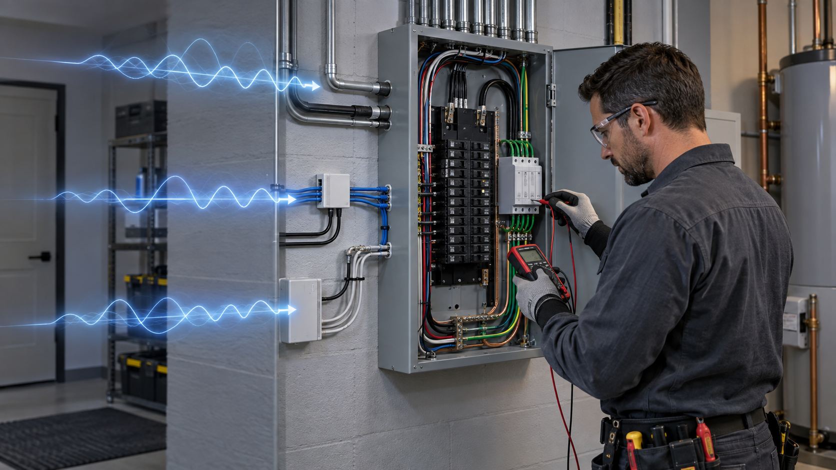 Electrician inspecting breaker-panel EMP protection and grounding connections