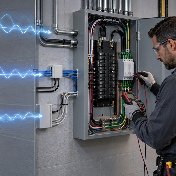 Electrician inspecting breaker-panel EMP protection and grounding connections
