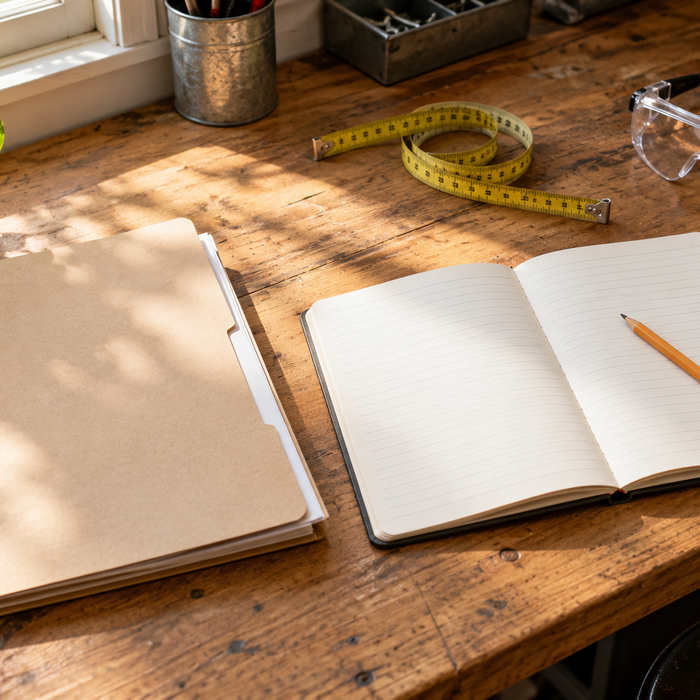 Notebook, maintenance folder, measuring tape and safety goggles on a sunlit workbench