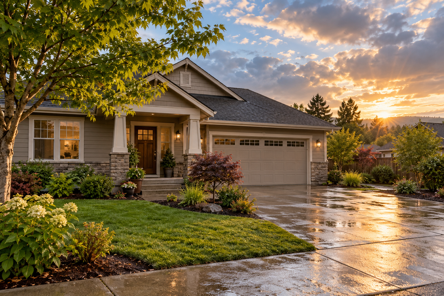Modest home and driveway after a rain shower, illustrating preparation for power outages.