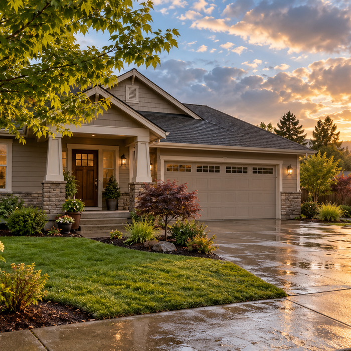 Modest home and driveway after a rain shower, illustrating preparation for power outages.