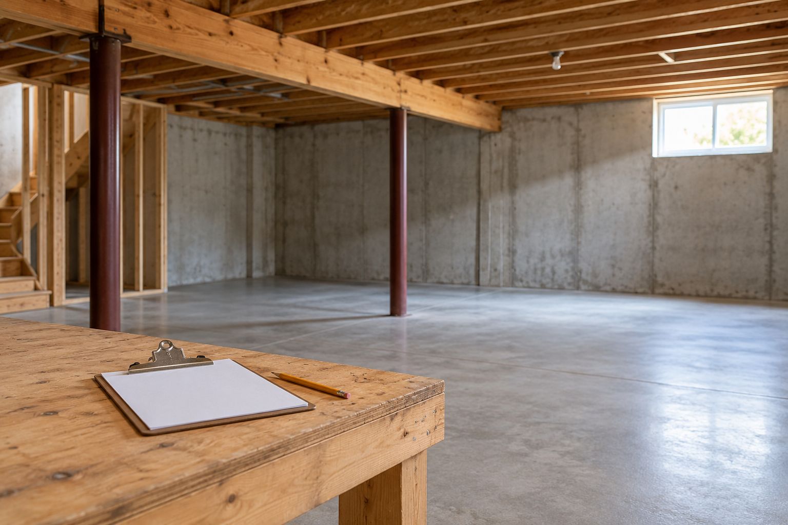 Clean unfinished basement with open floor space and a clipboard ready for a moisture assessment