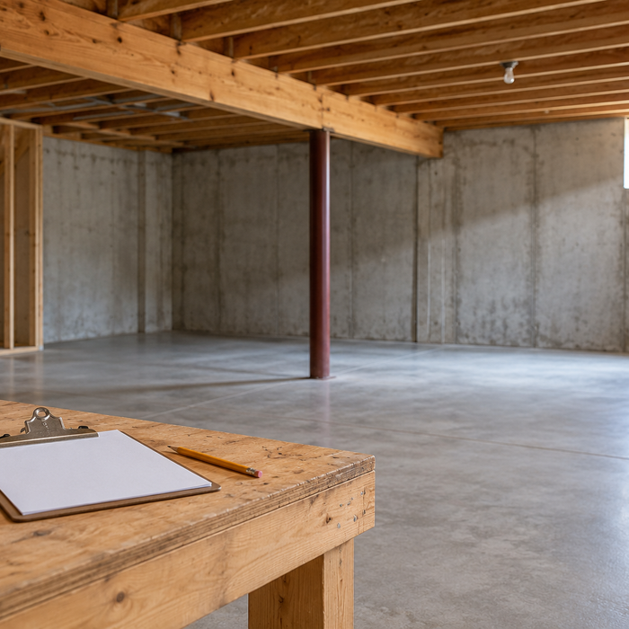 Clean unfinished basement with open floor space and a clipboard ready for a moisture assessment