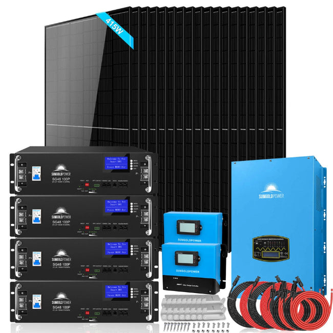 OFF-GRID SOLAR SYSTEM 15000W 48VDC 120V/240V LIFEPO4 20.48KWH LITHIUM BATTERY 18 X 415 WATTS SOLAR PANELS SGR-15K20E