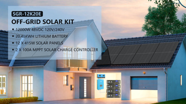 OFF GRID SOLAR SYSTEM 12000W 48VDC 120V/240V LIFEPO4 20.48KWH LITHIUM BATTERY 12 X 415 WATTS SOLAR PANELS SGR-12K20E