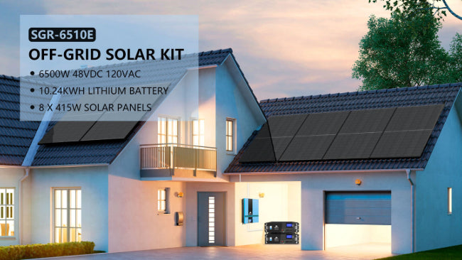 OFF GRID SOLAR SYSTEM 6500W 48VDC 120VAC LIFEPO4 10.24KWH LITHIUM BATTERY 8 X 415W SOLAR PANELS SGR-6510E