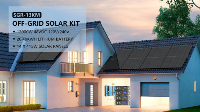 OFF GRID SOLAR SYSTEM 13000W 48VDC 120V/240V LIFEPO4 20.48KWH LITHIUM BATTERY 14 X 415 WATTS SOLAR PANELS SGR-13KM