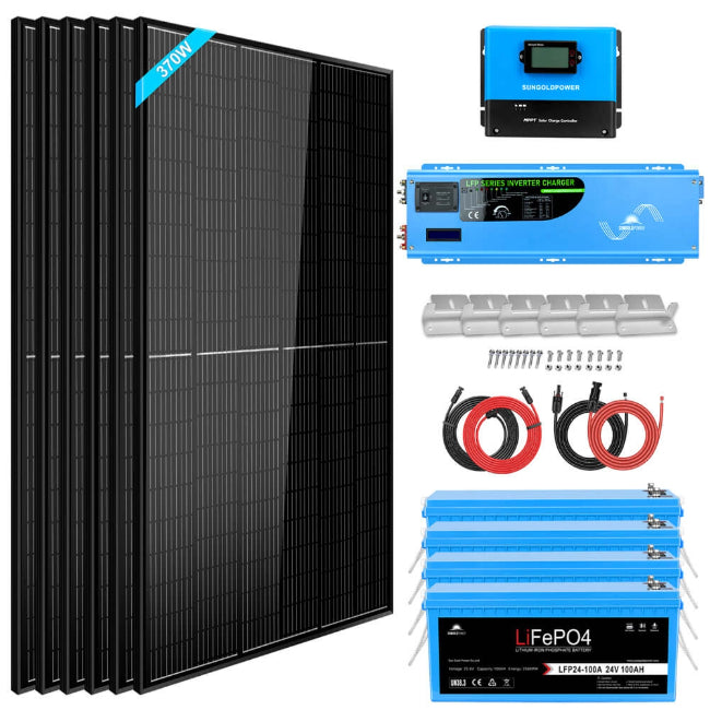 OFF GRID SOLAR SYSTEM 6000W 24VDC 120V/240V LIFEPO4 10.24KWH LITHIUM BATTERY 6 X 370 WATT SOLAR PANELS SGK-PRO62