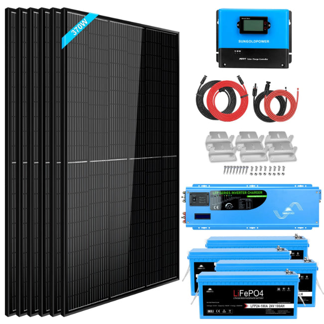 OFF GRID SOLAR SYSTEM 6000W 48VDC 120V/240V LIFEPO4 10.24KWH LITHIUM BATTERY 6 X 370 WATT SOLAR PANELS SGK-PRO62