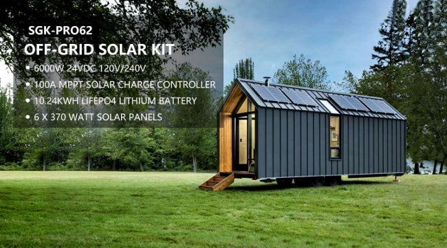 OFF GRID SOLAR SYSTEM 6000W 24VDC 120V/240V LIFEPO4 10.24KWH LITHIUM BATTERY 6 X 370 WATT SOLAR PANELS SGK-PRO62