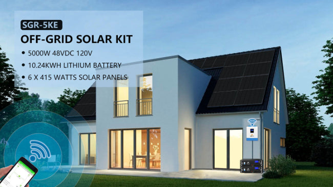 OFF GRID SOLAR SYSTEM 5000W 48VDC 120V LIFEPO4 10.24KWH LITHIUM BATTERY 6 X 415 WATTS SOLAR PANELS SGR-5KE