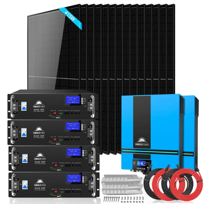 OFF GRID SOLAR SYSTEM 13000W 48VDC 120V/240V LIFEPO4 20.48KWH LITHIUM BATTERY 14 X 415 WATTS SOLAR PANELS SGR-13KM