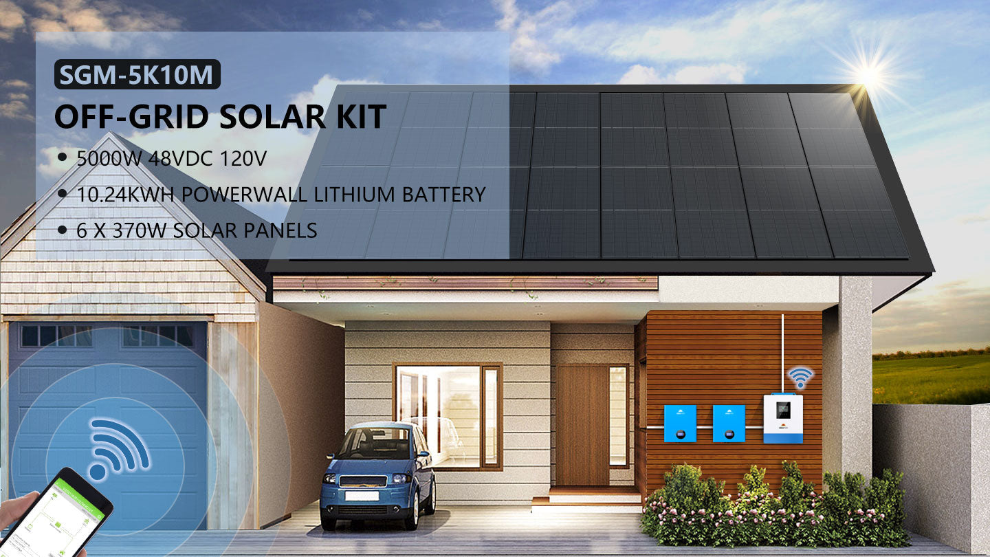 Off-Grid Solar Kit - 5000W 48VDC 120V 10.24KWH Powerwall Lithium Battery 6 X 370 Watts Solar Panels