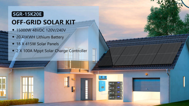 OFF-GRID SOLAR SYSTEM 15000W 48VDC 120V/240V LIFEPO4 20.48KWH LITHIUM BATTERY 18 X 415 WATTS SOLAR PANELS SGR-15K20E