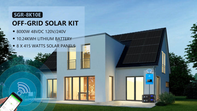 OFF GRID SOLAR SYSTEM 8000W 48VDC 120V/240V LIFEPO4 10.24KWH LITHIUM BATTERY 8 X 415 WATTS SOLAR PANELS SGR-8K10E