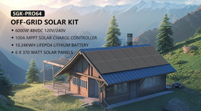 OFF GRID SOLAR SYSTEM 6000W 48VDC 120V/240V LIFEPO4 10.24KWH LITHIUM BATTERY 6 X 370 WATT SOLAR PANELS SGK-PRO62