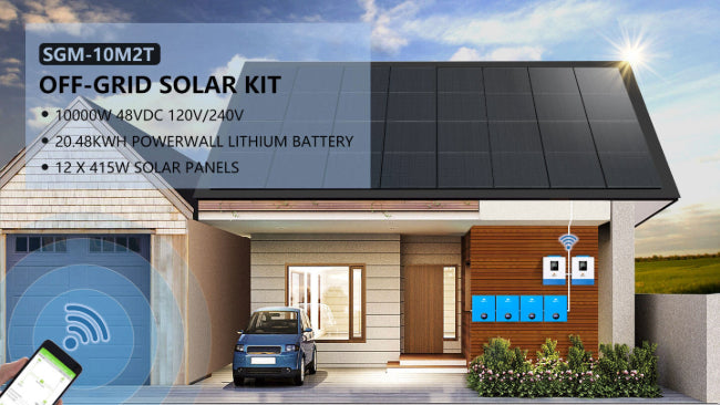 Off Grid Solar System for House - 10,000W 48VDC 120VAC/240V 20.48KWH Powerwall Lithium Battery 12 X 415 Watts Solar Panels