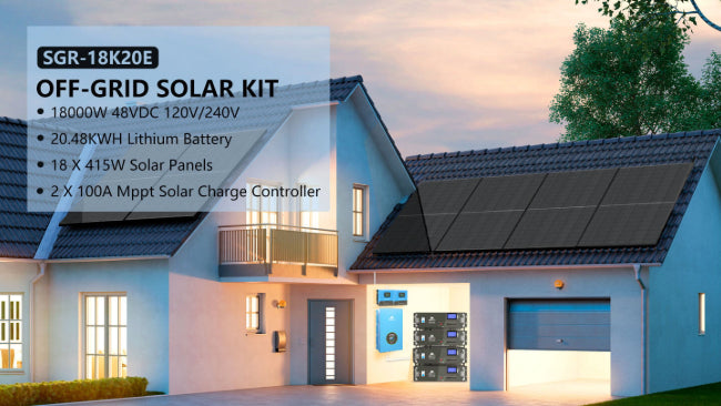 OFF GRID SOLAR SYSTEM 18000W 48VDC 120V/240V LIFEPO4 20.48KWH LITHIUM BATTERY 18 X 415 WATTS SOLAR PANELS SGR-18K20E