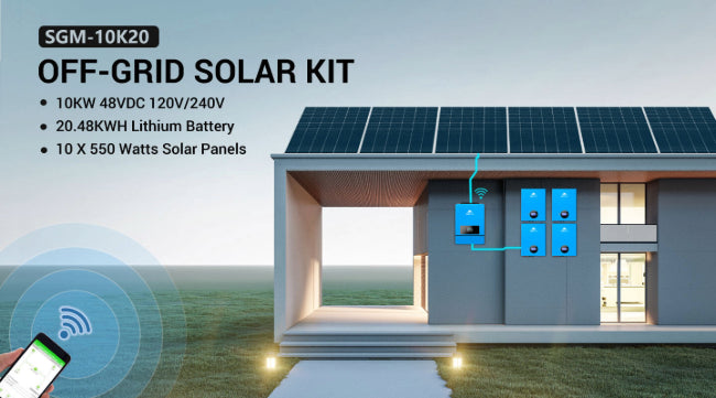 OFF GRID SOLAR SYSTEM 10 X 550 WATTS SOLAR PANELS 4 X 5.12KWH POWERWALL LITHIUM BATTERY 10KW SOLAR INVERTER 48VDC 120V/240V SGM-10K20