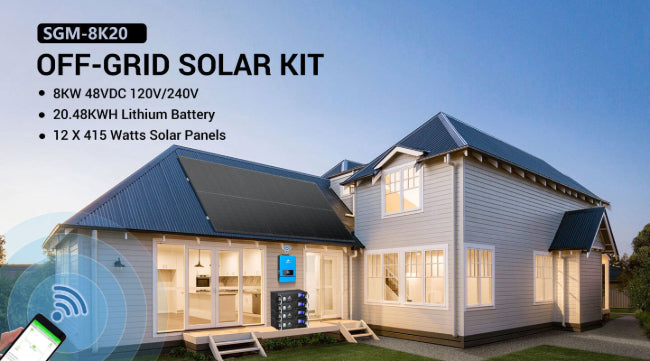 OFF GRID SOLAR SYSTEM 12 X 415 WATTS SOLAR PANELS 4 X 5.12KWH LITHIUM BATTERY 8000W SOLAR INVERTER 48VDC 120V/240V SGM-8K20