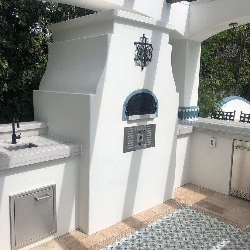 CBO 750 Hybrid Pizza Oven DIY Kit DualFuel Wood or Natural Gas for Perfect Pizzas technical component view with connection details for authentic artisan outdoor cooking