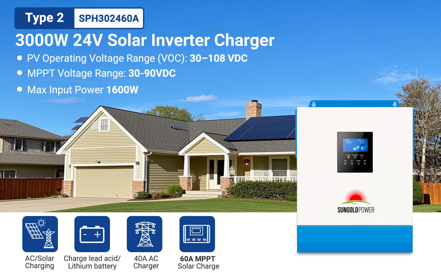 SungoldPower 3000W 24V Solar Inverter Charger - For up to 1600W of Solar Input