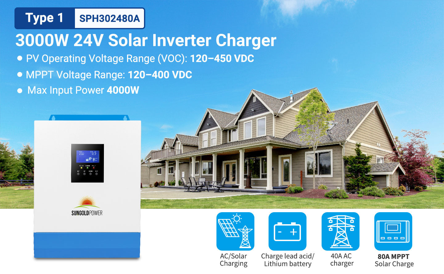 SungoldPower 3000W 24V Solar Inverter Charger - For up to 1600W of Solar Input